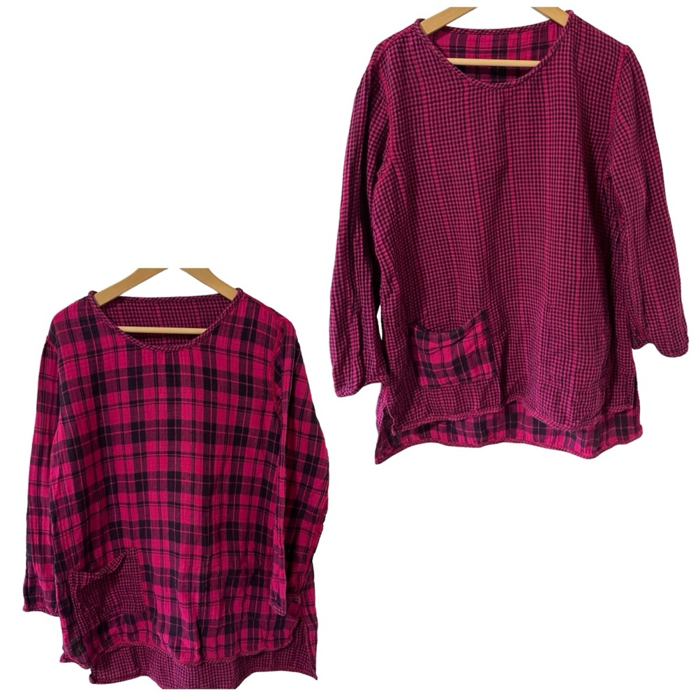 Iridium Reversible Double Cloth Cotton Tunic Pink Gingham Plaid Langenlook-L